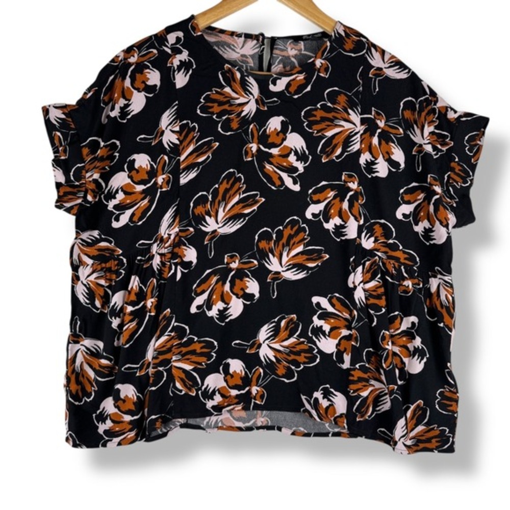 Madewell Black Floral Print Top Size XS Viscose Relaxed Earthy Boho Resort‎